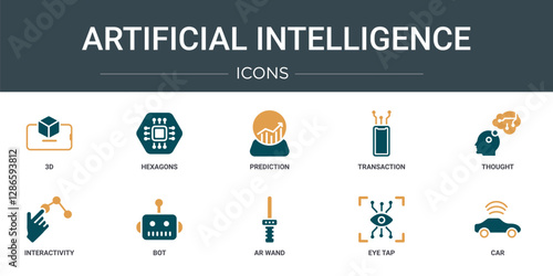 set of 10 outline web artificial intelligence icons such as 3d, hexagons, prediction, transaction, thought, interactivity, bot vector icons for report, presentation, diagram, web design, mobile app