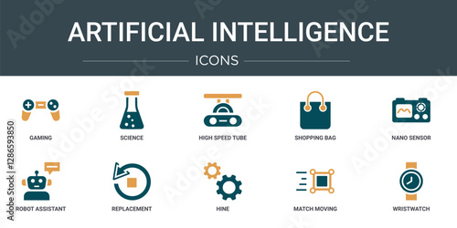 set of 10 outline web artificial intelligence icons such as gaming, science, high speed tube, shopping bag, nano sensor, robot assistant, replacement vector icons for report, presentation, diagram,