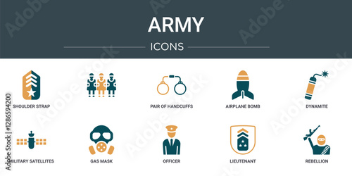 set of 10 outline web army icons such as shoulder strap,  , pair of handcuffs, airplane bomb, dynamite, military satellites, gas mask vector icons for report, presentation, diagram, web design,