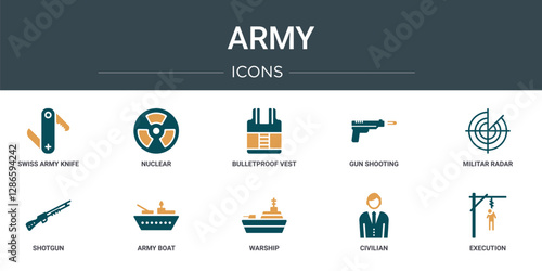 set of 10 outline web army icons such as swiss army knife, nuclear, bulletproof vest, gun shooting, militar radar, shotgun, army boat vector icons for report, presentation, diagram, web design,
