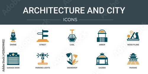 set of 10 outline web architecture and city icons such as gnome, street, cabl, arbor, wood plane, garage door, parking lights vector icons for report, presentation, diagram, web design, mobile app