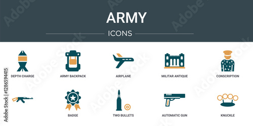 set of 10 outline web army icons such as depth charge, army backpack, airplane, militar antique building, conscription,  , badge vector icons for report, presentation, diagram, web design, mobile