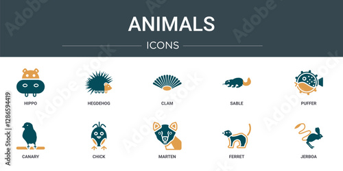 set of 10 outline web animals icons such as hippo, hegdehog, clam, sable, puffer, canary, chick vector icons for report, presentation, diagram, web design, mobile app