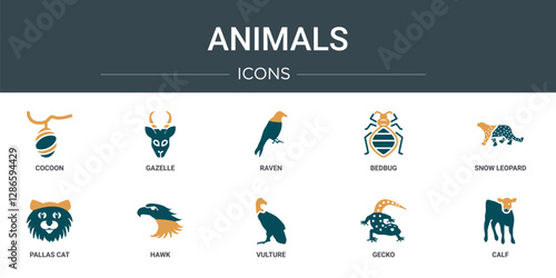 set of 10 outline web animals icons such as cocoon, gazelle, raven, bedbug, snow leopard, pallas cat, hawk vector icons for report, presentation, diagram, web design, mobile app