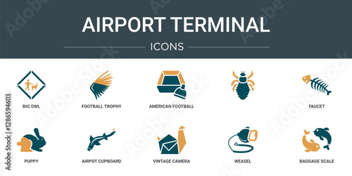 set of 10 outline web airport terminal icons such as big owl, football trophy, american football game ticket,  , faucet, puppy, airpot cupboard vector icons for report, presentation, diagram, web