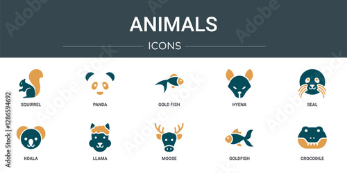 set of 10 outline web animals icons such as squirrel, panda, gold fish, hyena, seal, koala, llama vector icons for report, presentation, diagram, web design, mobile app