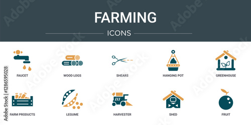 set of 10 outline web farming icons such as faucet, wood logs, shears, hanging pot, greenhouse, farm products, legume vector icons for report, presentation, diagram, web design, mobile app