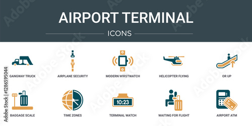 set of 10 outline web airport terminal icons such as gangway truck, airplane security belt, modern wirstwatch, helicopter flying, or up, baggage scale, time zones vector icons for report,