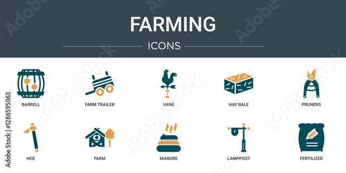 set of 10 outline web farming icons such as barrell, farm trailer, vane, hay bale, pruners, hoe, farm vector icons for report, presentation, diagram, web design, mobile app