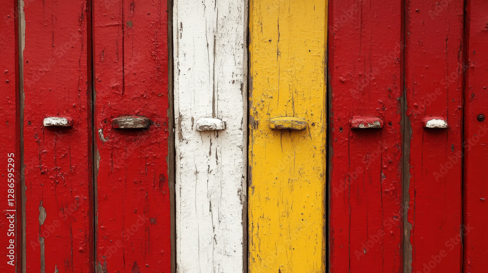 Vibrant wooden panels in red, white, and yellow create striking visual. weathered texture adds character and charm to scene Vibrant wooden panels in red, white, and yellow create striking visual. weathered texture adds character and charm to scene