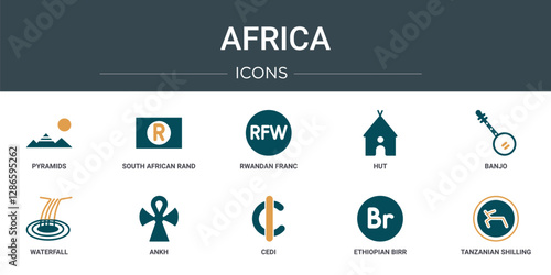 set of 10 outline web africa icons such as pyramids, south african rand, rwandan franc, hut, banjo, waterfall, ankh vector icons for report, presentation, diagram, web design, mobile app