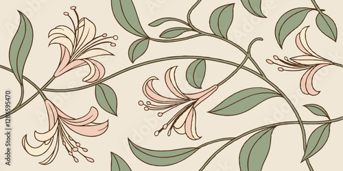 Design a seamless honeysuckle pattern with intertwining stems and realistic shading.