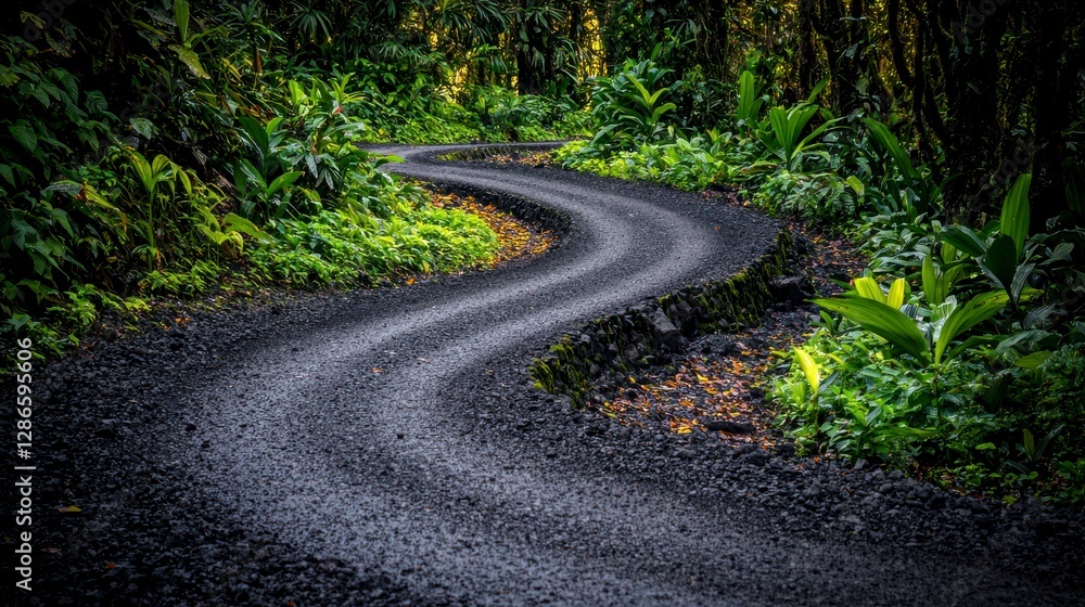 Obraz premium Winding Dark Gravel Road Through Lush Green Tropical Foliage
