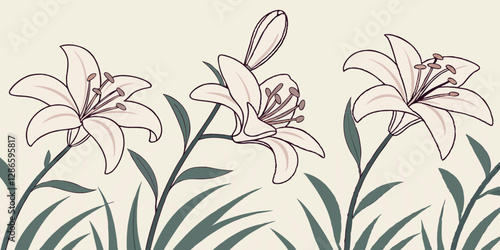 Create a soft-focus lily garden pattern with delicate shading and subtle highlights.