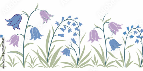 Create a seamless watercolor violets and bluebell pattern with soft shadows.