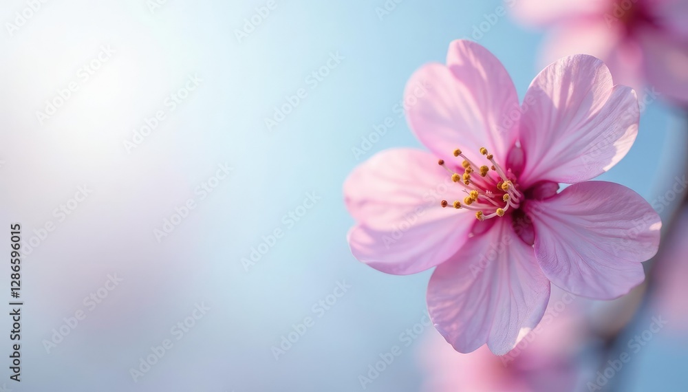 Soft plum blossom against the pale blue horizon, gentle, tranquil, serene Soft plum blossom against the pale blue horizon, gentle, tranquil, serene