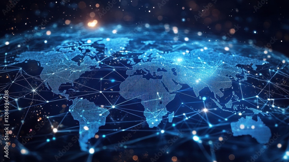 A high-tech illustration of a world map with interconnected digital pathways, emphasizing business, finance, and international networking. A high-tech illustration of a world map with interconnected digital pathways, emphasizing business, finance, and international networking.