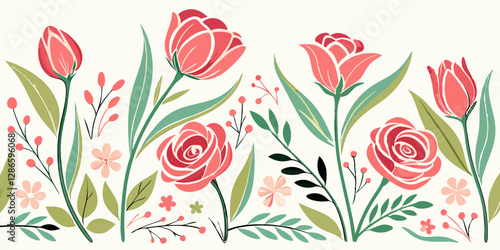 Illustrate a summer bouquet pattern with hand-painted watercolor roses and tulips.