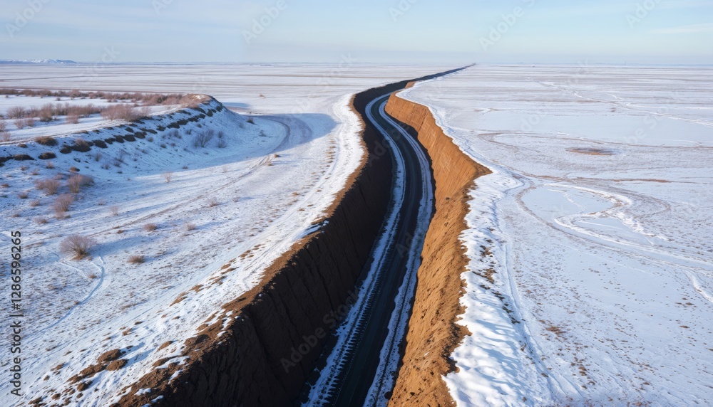 Obraz premium Winter canal aerial view. Dramatic aerial view of water canal cutting through snow-covered winter landscape with contrasting orange soil and blue ice.