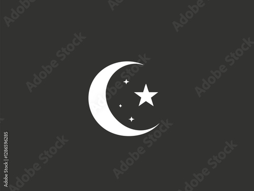 Simple white crescent moon and star icon on dark background.