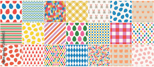 Collection of bright colorful Easter seamless patterns. Holiday repeatable cute artistic backgrounds. Vibrant endless creative textile prints. Vector illustration