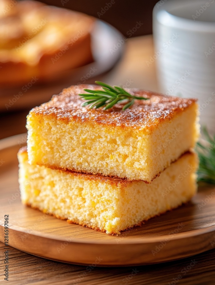 Delicious golden cornbread slices on wood plate. Delicious golden cornbread slices on wood plate.