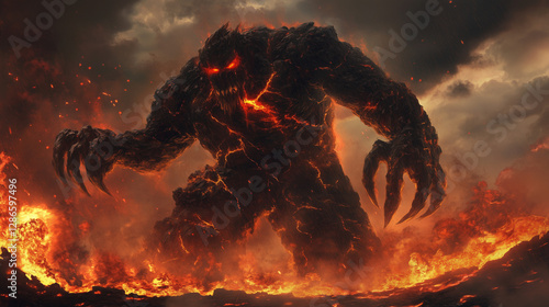 A towering, hulking monster made of dark stone, with glowing red eyes and long, twisted claws.