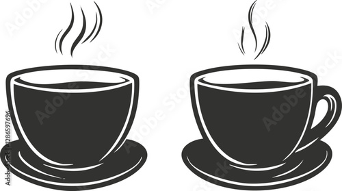 Illustration of two steaming coffee cups with saucers in black and white.