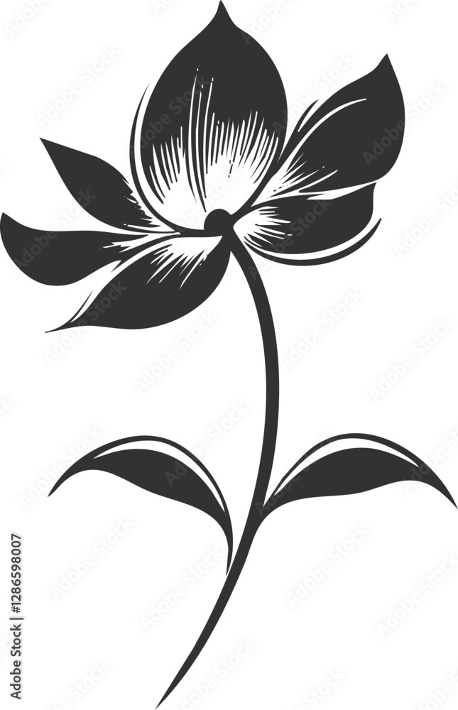 Obraz premium Black and white illustration of a single flower with a simple design.