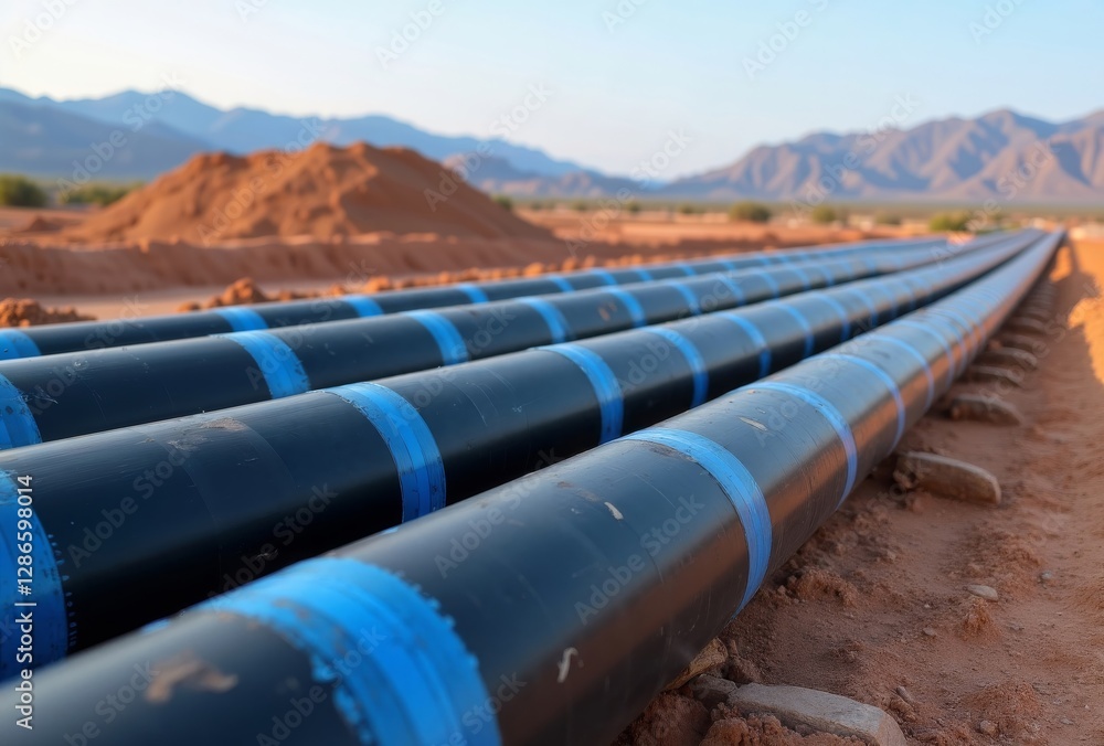Pipeline construction project. Close-up view of industrial pipelines laid in red desert soil with mountains in background, showing utility infrastructure development. Pipeline construction project. Close-up view of industrial pipelines laid in red desert soil with mountains in background, showing utility infrastructure development.