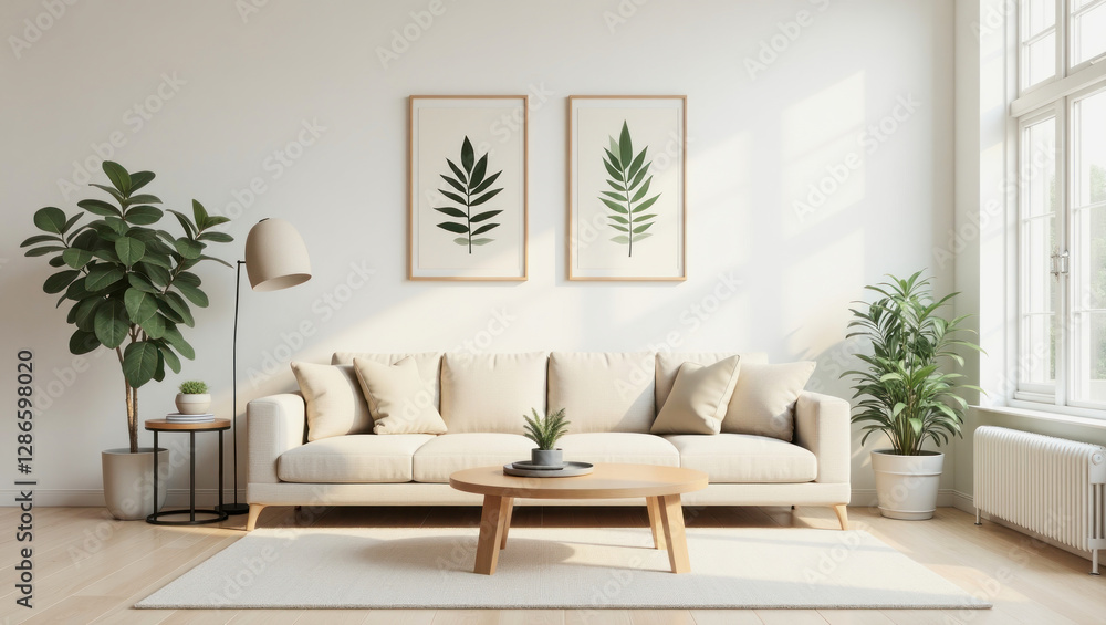 Fototapeta premium Elegant beige living room featuring plants and artwork on the walls