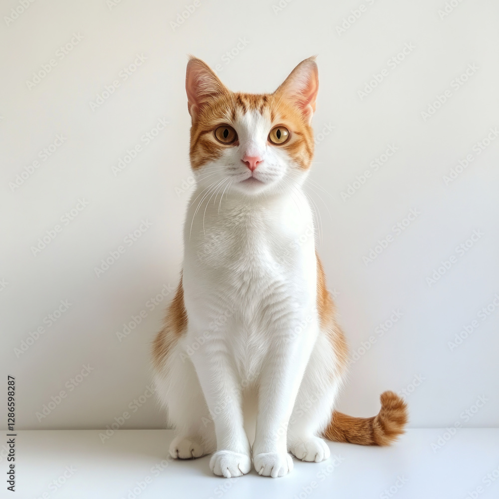 Fototapeta premium short haired cat with orange and white fur sits calmly against plain background, showcasing its alert expression and elegant posture