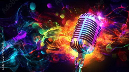Retro-style microphone with neon music waves, symbolizing live performance, passion for music, and the energy of artistic expression on stage.