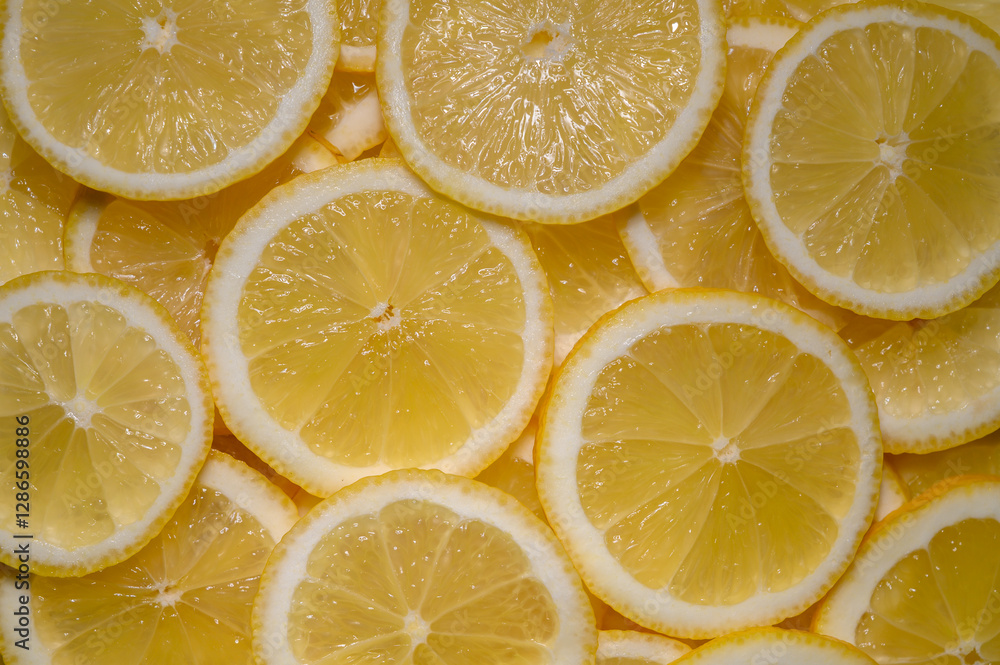 Bright yellow lemon slices create a vibrant and refreshing pattern for culinary inspiration and decor Bright yellow lemon slices create a vibrant and refreshing pattern for culinary inspiration and decor