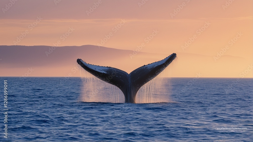 Fototapeta premium A majestic whale brews its tail, silhouetted against a serene sunset over the ocean.