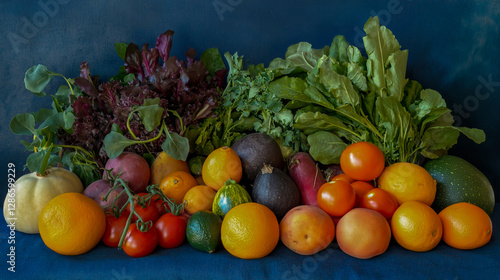 Vibrant grocery bag overflowing with fresh fruits and vegetables on a bright blue background, showcasing a variety of organic produce, including tomatoes, greens, and citrus fruits. photo