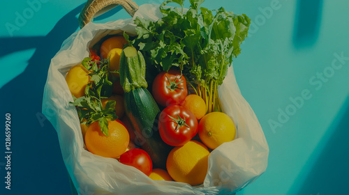 Vibrant grocery bag overflowing with fresh fruits and vegetables on a bright blue background, showcasing a variety of organic produce, including tomatoes, greens, and citrus fruits. photo