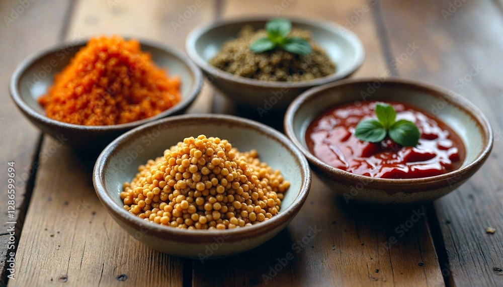 Four bowls of diverse food on wooden surface Four bowls of diverse food on wooden surface
