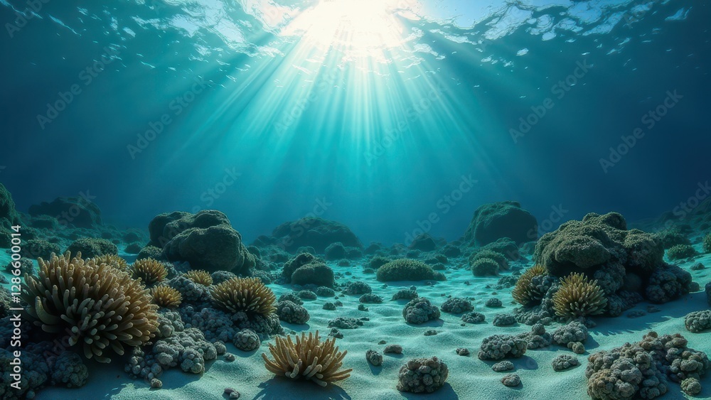Fototapeta premium Underwater view of bleached coral reef with sun rays shining through clear ocean water 