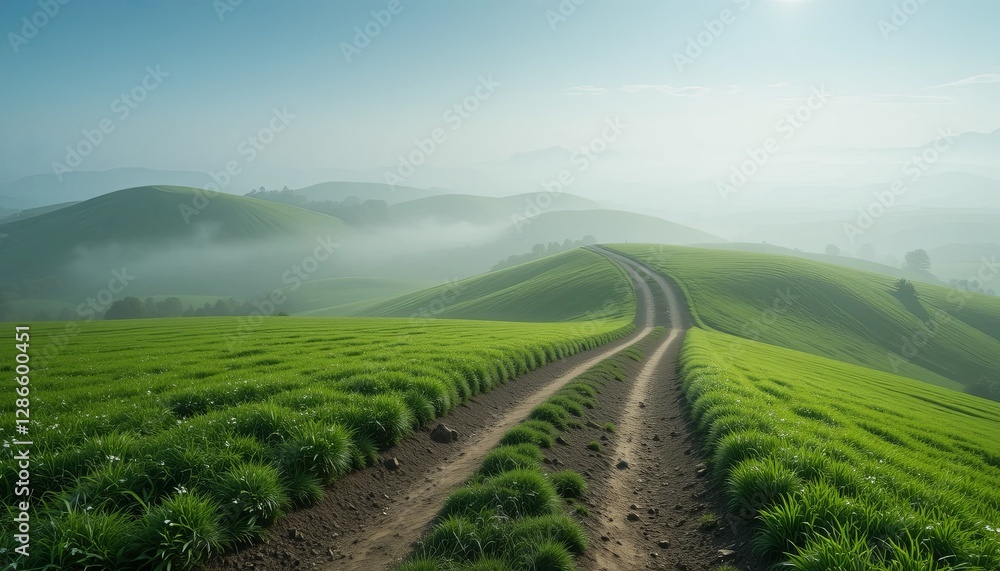 Fototapeta premium Scenic road through lush green hills landscape photography nature serene wide angle serenity