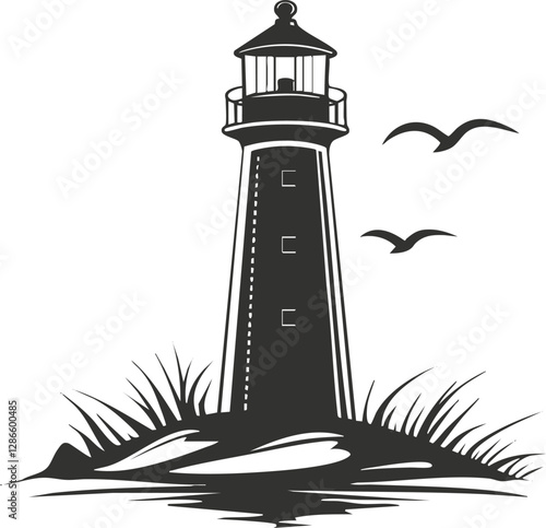 Silhouette illustration of a lighthouse with birds and sea elements.