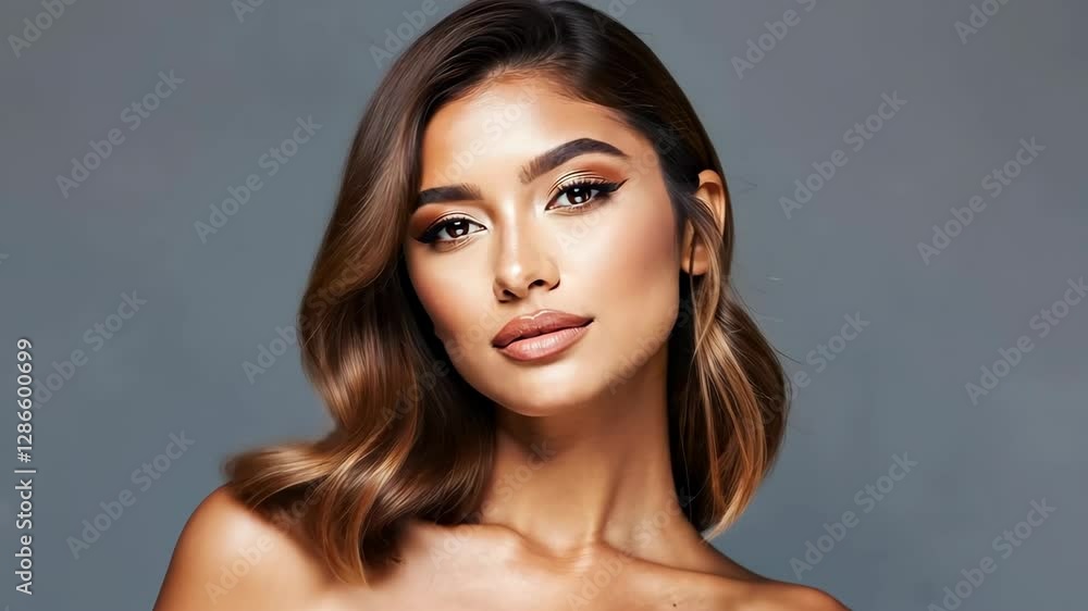 Beautiful woman with stylish hairstyle and makeup on gray background. Model girl on photo shoot Beautiful woman with stylish hairstyle and makeup on gray background. Model girl on photo shoot