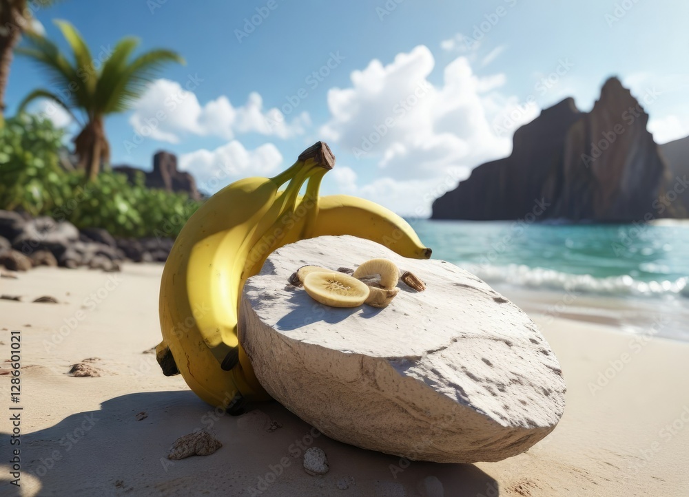 Obraz premium Una banana perfecta sobre una piedra blanca con la playa de fondo azulada y un cielo nublado, outdoor, serenity, beach