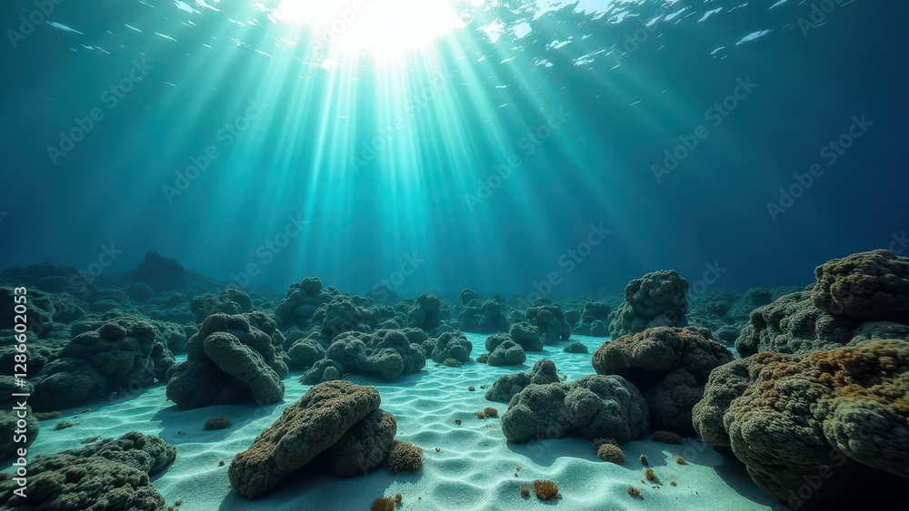 Fototapeta premium Underwater view of bleached coral reef with sun rays shining through clear ocean water 