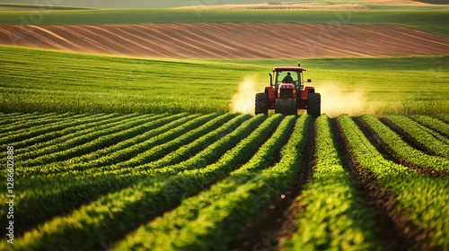 21. A farmer driving a tractor through a lush green field