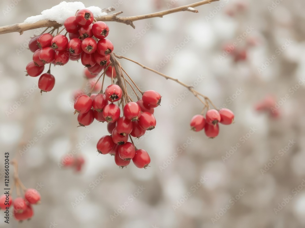 Vibrant red rowan berries hanging from bare winter branch, hanging, berries