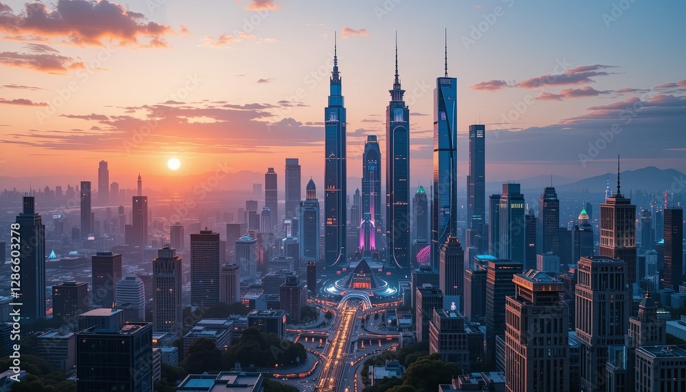 Naklejka premium Sunrise urban skyline shanghai cityscape city aerial view gigapixel cgi