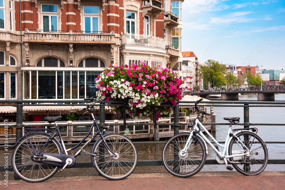 Fototapeta premium Amsterdam city, Netherlands. Houses and bicycles