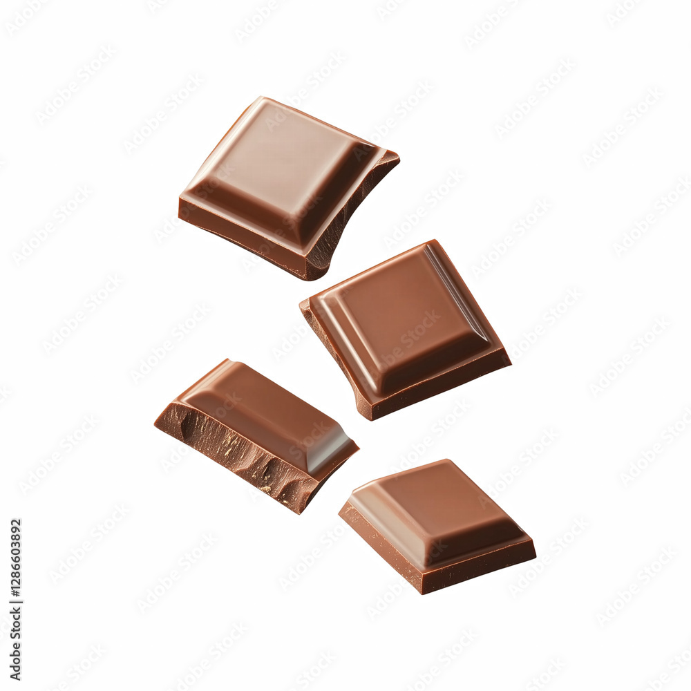 Realistic milk chocolate squares floating in mid-air, smooth glossy texture with rich cocoa details isolated on transparent background. Realistic milk chocolate squares floating in mid-air, smooth glossy texture with rich cocoa details isolated on transparent background.