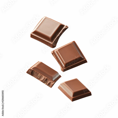 Realistic milk chocolate squares floating in mid-air, smooth glossy texture with rich cocoa details isolated on transparent background.